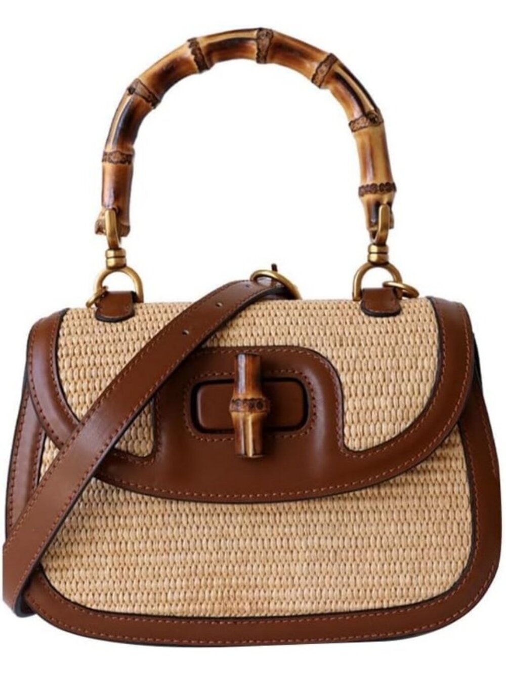 Stylish Handmade Straw Tote Bag | Leather & Bamboo Woven Satchel Crossbody